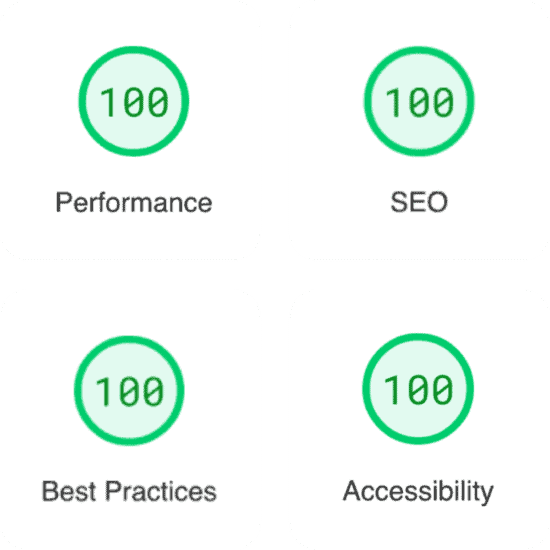 PageSpeed scores showing 100 across all categories for local business website